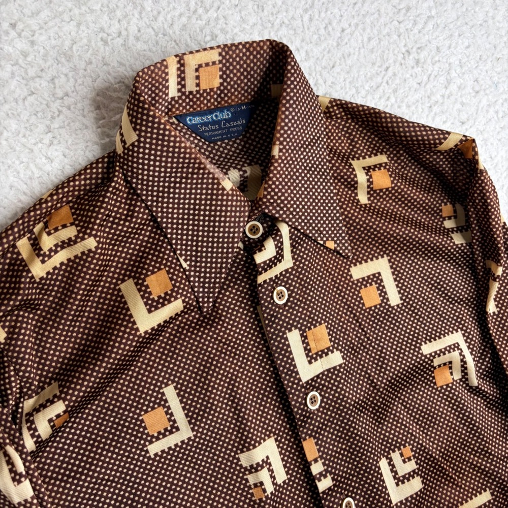 Vintage Career Club Status Casuals 70s paper thin Disco Shirt Brown Mens Medium